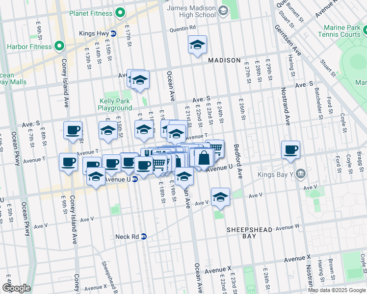 map of restaurants, bars, coffee shops, grocery stores, and more near 2499 Ocean Avenue in Brooklyn