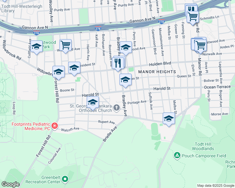 map of restaurants, bars, coffee shops, grocery stores, and more near 438 Bradley Avenue in Staten Island