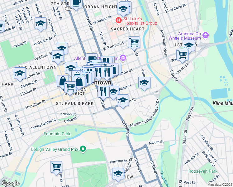 map of restaurants, bars, coffee shops, grocery stores, and more near in Allentown