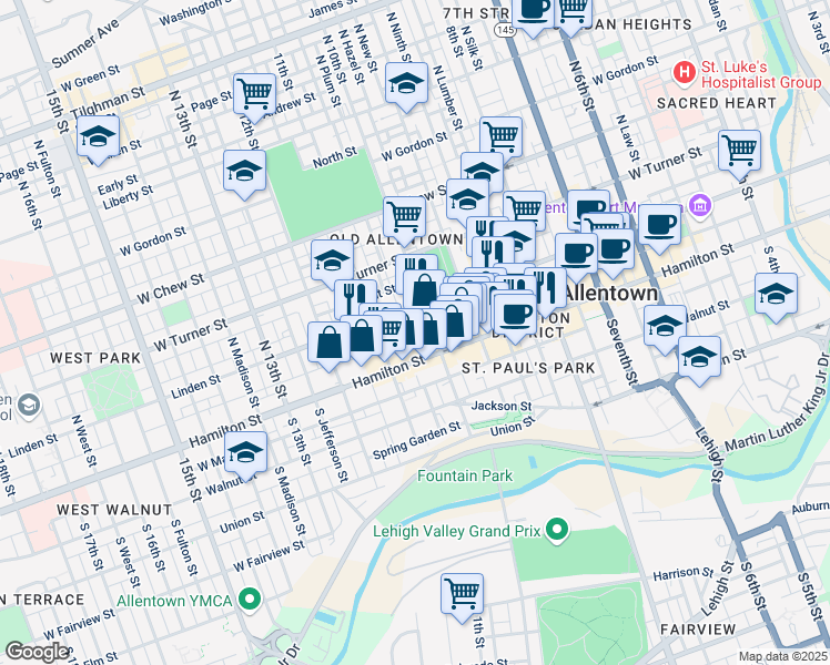 map of restaurants, bars, coffee shops, grocery stores, and more near 1009 Hamilton Street in Allentown