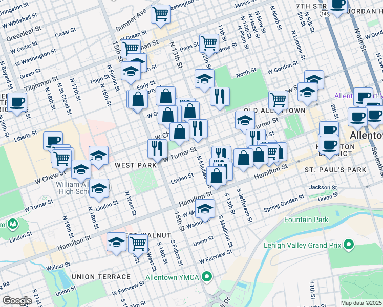 map of restaurants, bars, coffee shops, grocery stores, and more near 118 North Madison Street in Allentown