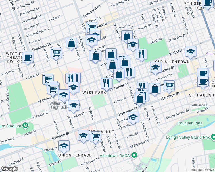 map of restaurants, bars, coffee shops, grocery stores, and more near 137 North 15th Street in Allentown