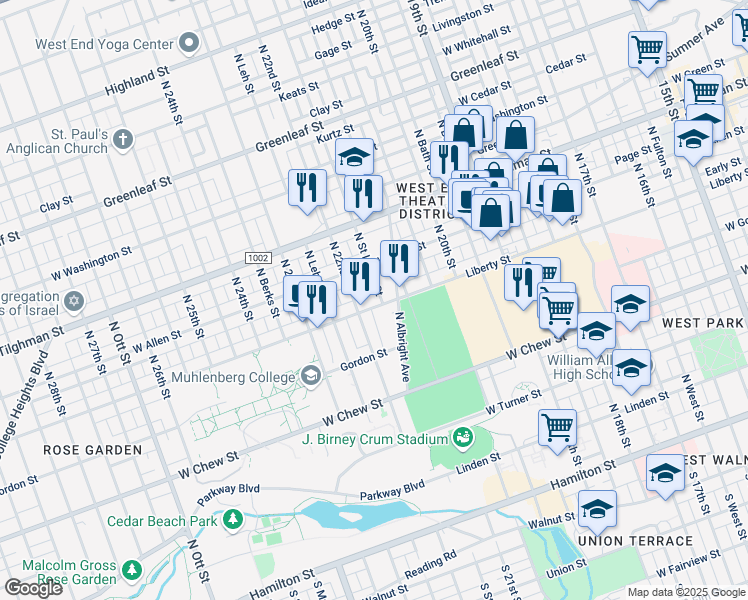 map of restaurants, bars, coffee shops, grocery stores, and more near 449 North Ruhr Street in Allentown