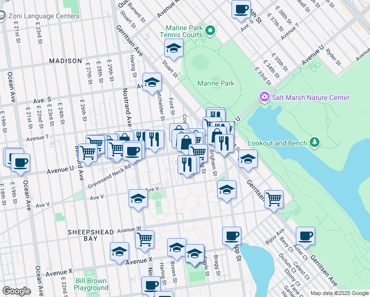 map of restaurants, bars, coffee shops, grocery stores, and more near 2113 Ford Street in Brooklyn