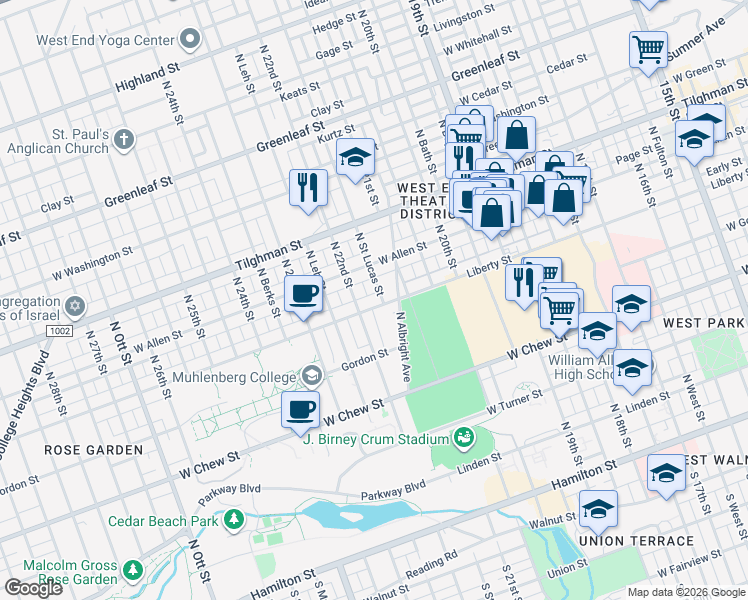 map of restaurants, bars, coffee shops, grocery stores, and more near 449 North Ruhr Street in Allentown