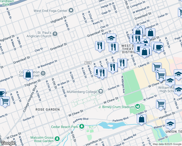 map of restaurants, bars, coffee shops, grocery stores, and more near 2324 West Allen Street in Allentown