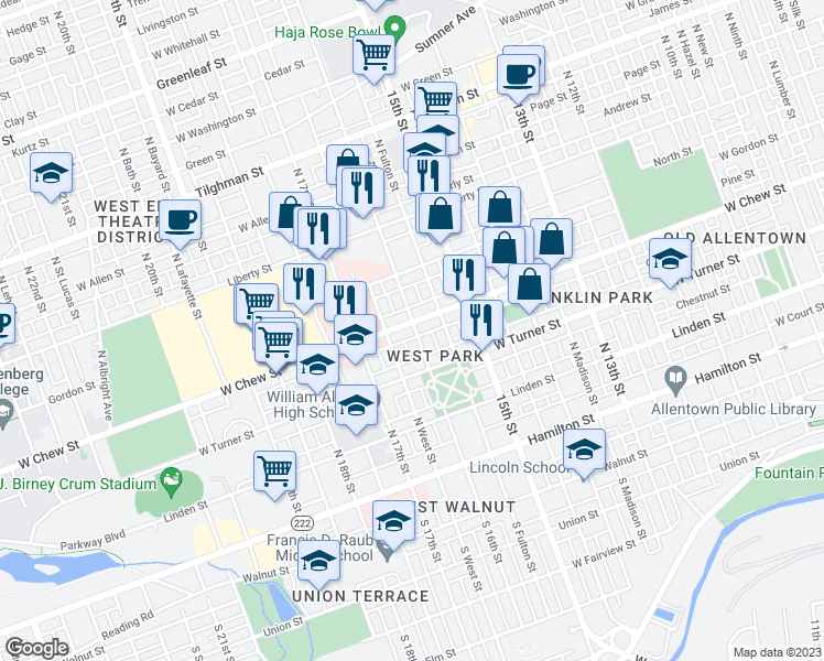 map of restaurants, bars, coffee shops, grocery stores, and more near 1602 West Chew Street in Allentown