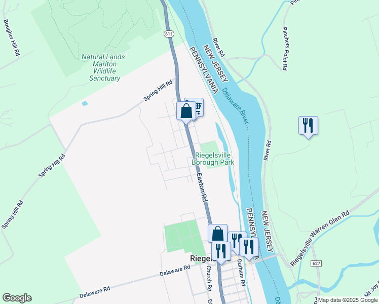 map of restaurants, bars, coffee shops, grocery stores, and more near 411 Easton Road in Riegelsville