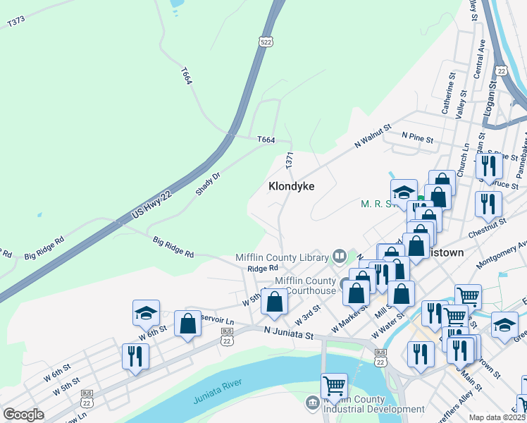 map of restaurants, bars, coffee shops, grocery stores, and more near 126 Klondyke Drive in Lewistown