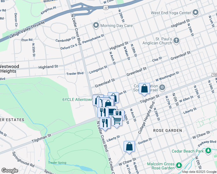 map of restaurants, bars, coffee shops, grocery stores, and more near 835 North Marshall Street in Allentown