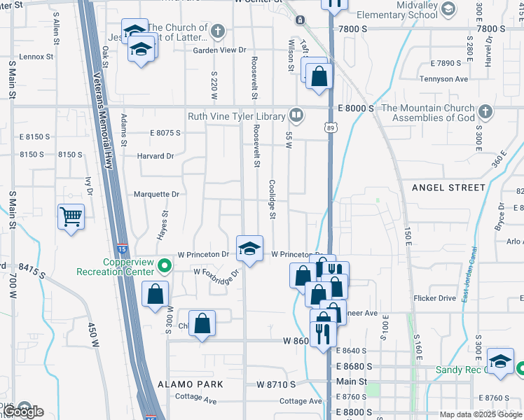 map of restaurants, bars, coffee shops, grocery stores, and more near 8269 Roosevelt Street in Midvale