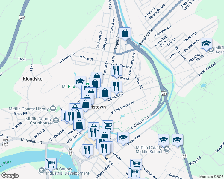 map of restaurants, bars, coffee shops, grocery stores, and more near 35 Forsythe Street in Lewistown