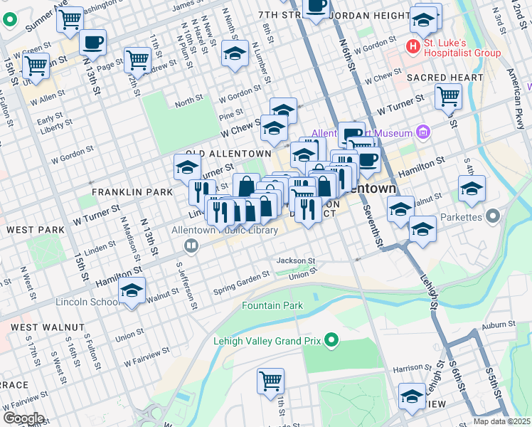 map of restaurants, bars, coffee shops, grocery stores, and more near 941 W Hamilton St in Allentown