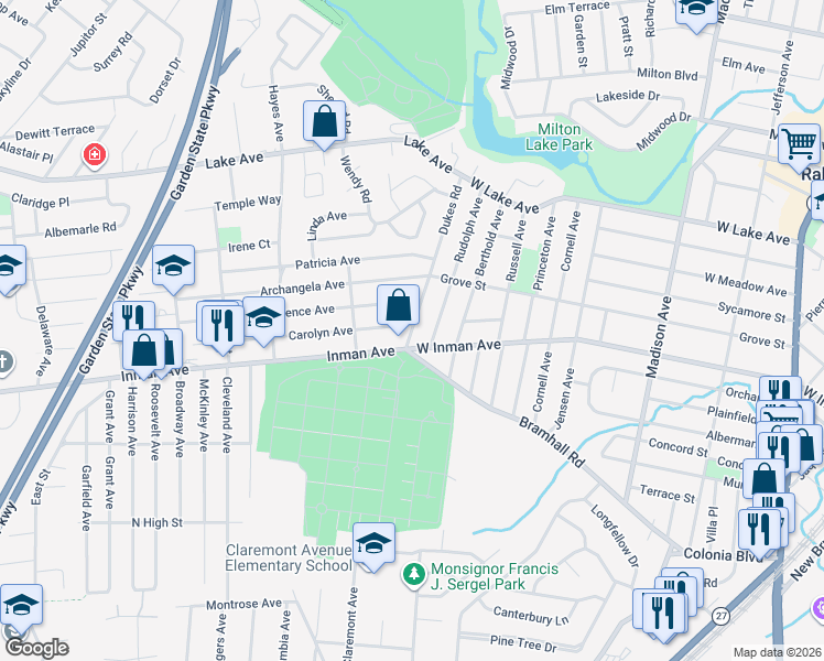 map of restaurants, bars, coffee shops, grocery stores, and more near 16 Inman Avenue in Woodbridge Township
