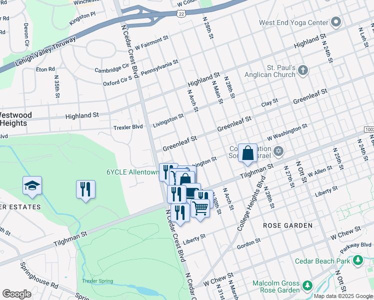 map of restaurants, bars, coffee shops, grocery stores, and more near 835 North Marshall Street in Allentown