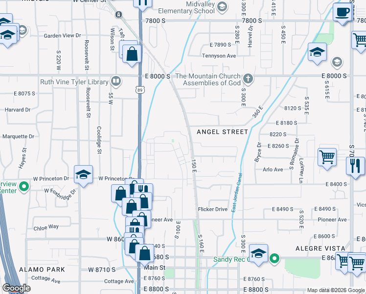 map of restaurants, bars, coffee shops, grocery stores, and more near 8264 South Resaca Drive in Sandy