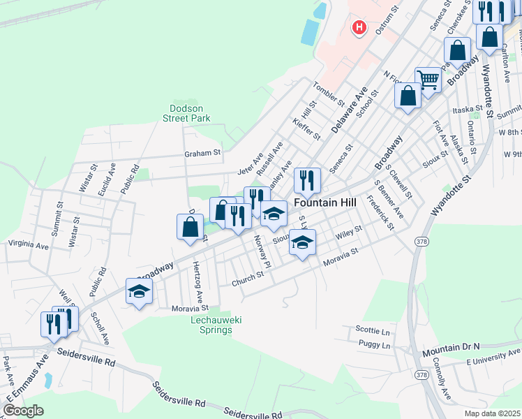 map of restaurants, bars, coffee shops, grocery stores, and more near 1303 Broadway in Fountain Hill
