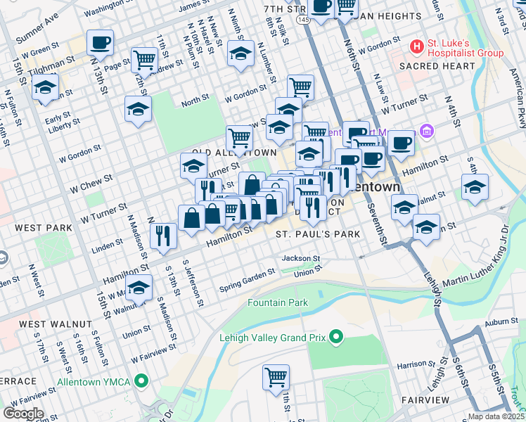map of restaurants, bars, coffee shops, grocery stores, and more near 1009 Hamilton Street in Allentown