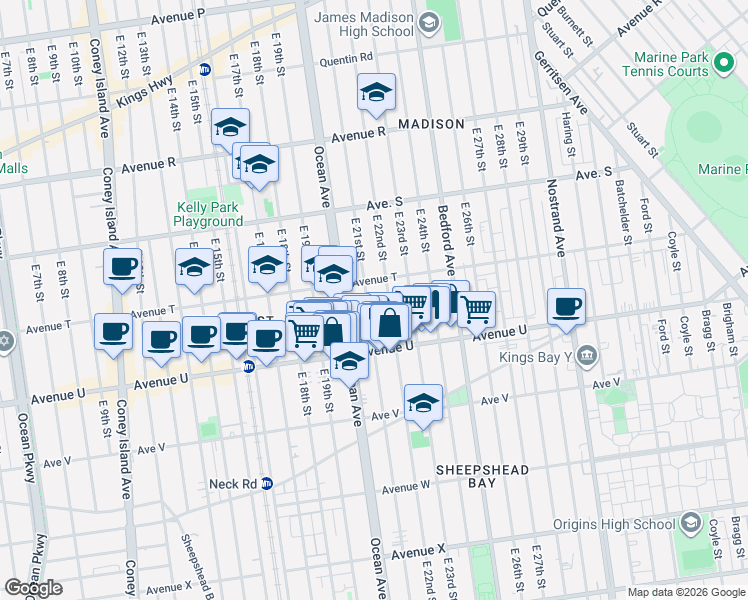 map of restaurants, bars, coffee shops, grocery stores, and more near 2078 East 22nd Street in Brooklyn