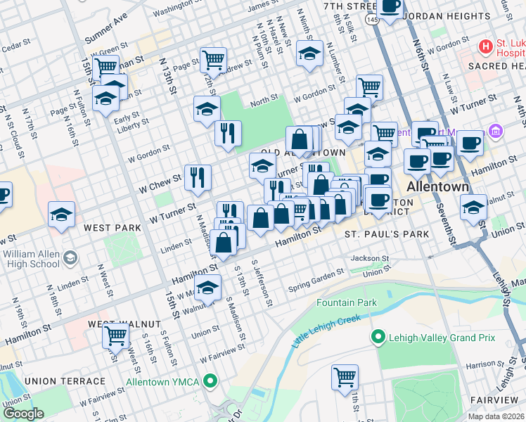 map of restaurants, bars, coffee shops, grocery stores, and more near 1137 West Court Street in Allentown