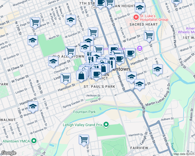 map of restaurants, bars, coffee shops, grocery stores, and more near 26 South 9th Street in Allentown