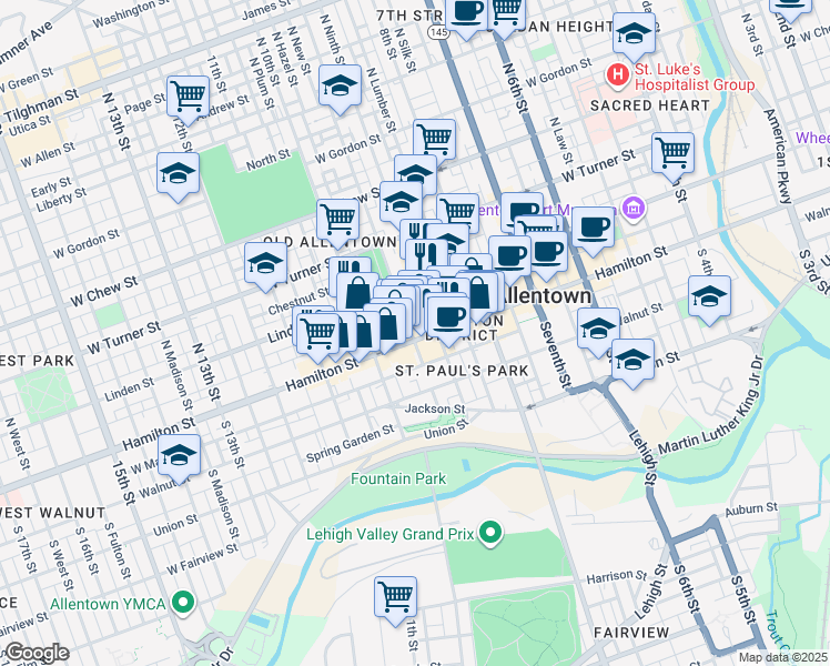 map of restaurants, bars, coffee shops, grocery stores, and more near 948 Hamilton Street in Allentown