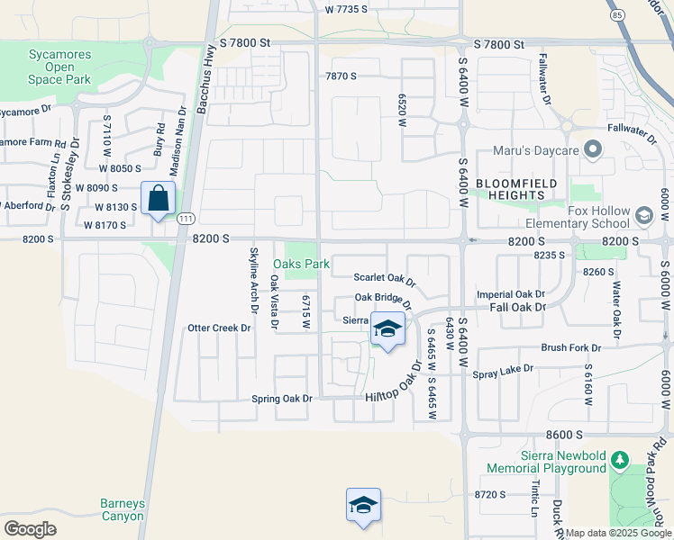 map of restaurants, bars, coffee shops, grocery stores, and more near 6656 Scarlet Oak Drive in West Jordan