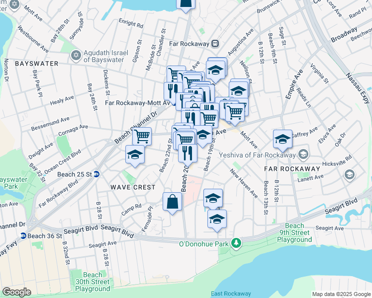 map of restaurants, bars, coffee shops, grocery stores, and more near 5-36 Beach 20th Street in Queens