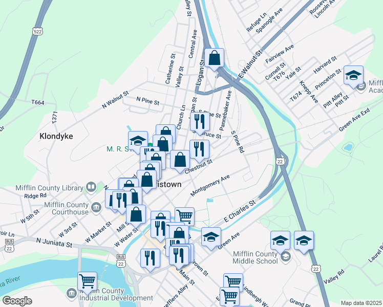 map of restaurants, bars, coffee shops, grocery stores, and more near 35 Forsythe Street in Lewistown