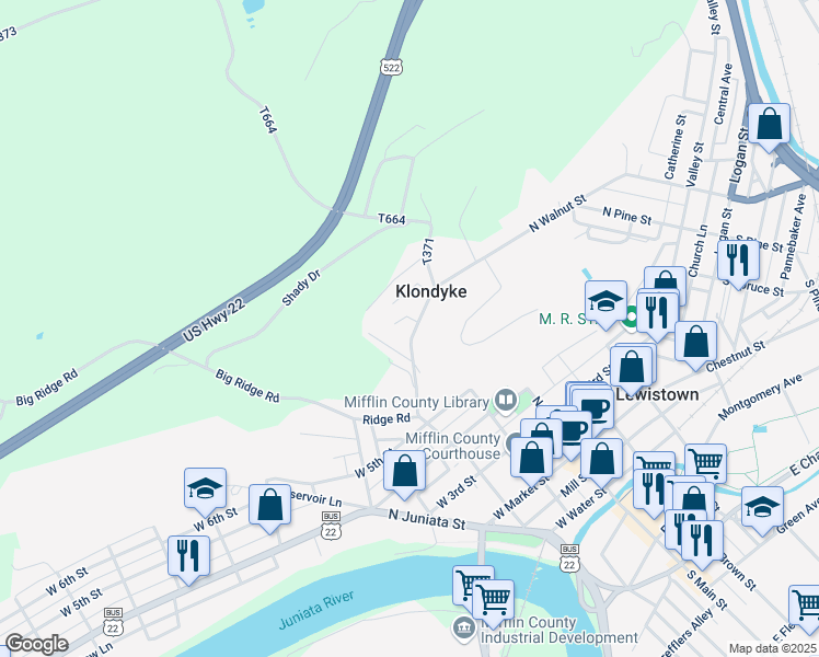 map of restaurants, bars, coffee shops, grocery stores, and more near 126 Klondyke Drive in Lewistown