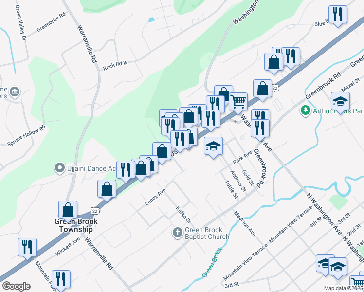 map of restaurants, bars, coffee shops, grocery stores, and more near 192 U.S. 22 in Green Brook Township