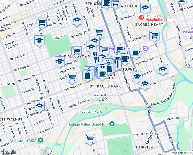 map of restaurants, bars, coffee shops, grocery stores, and more near 26 South 9th Street in Allentown