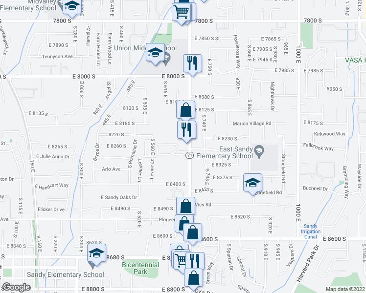map of restaurants, bars, coffee shops, grocery stores, and more near 8256 S 700 E in Sandy