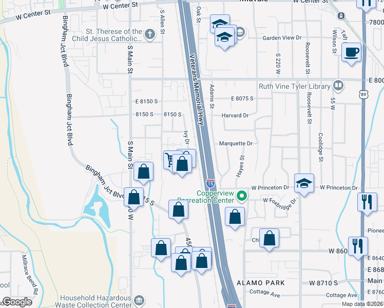map of restaurants, bars, coffee shops, grocery stores, and more near 8281 Ivy Drive in Midvale