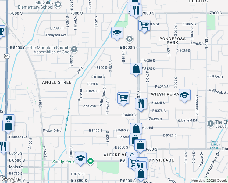 map of restaurants, bars, coffee shops, grocery stores, and more near 8260 South 560 East in Sandy