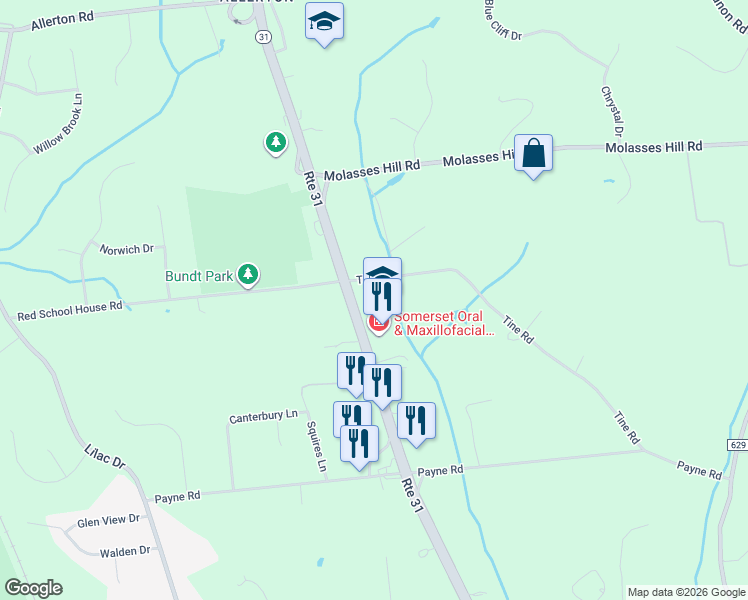 map of restaurants, bars, coffee shops, grocery stores, and more near 1222 New Jersey 31 in Lebanon