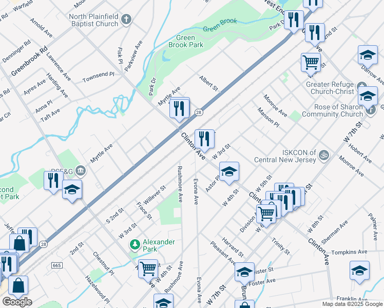 map of restaurants, bars, coffee shops, grocery stores, and more near 216 Evona Avenue in Plainfield