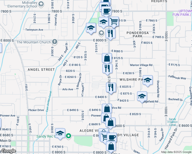 map of restaurants, bars, coffee shops, grocery stores, and more near 8308 South 700 East in Sandy