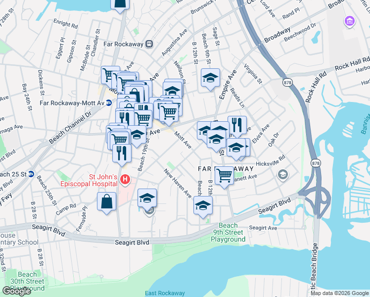 map of restaurants, bars, coffee shops, grocery stores, and more near 13-44 Caffrey Avenue in Queens