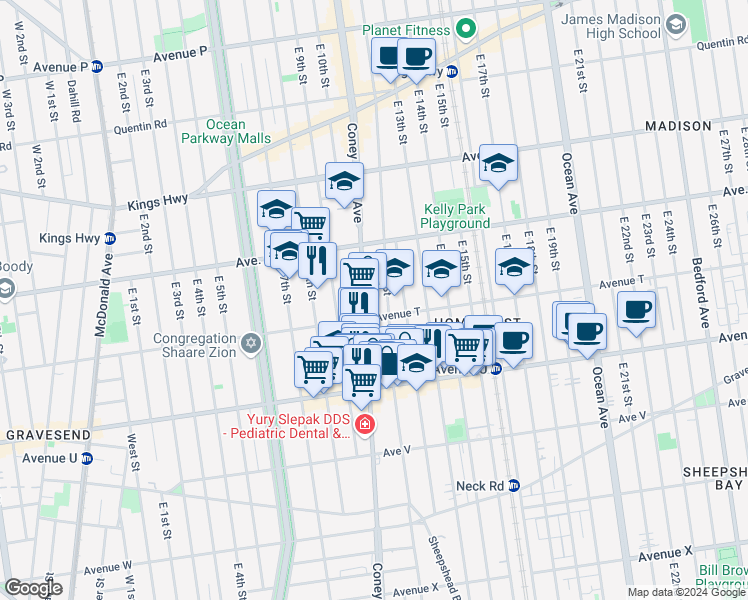 map of restaurants, bars, coffee shops, grocery stores, and more near 2002 East 12th Street in Brooklyn