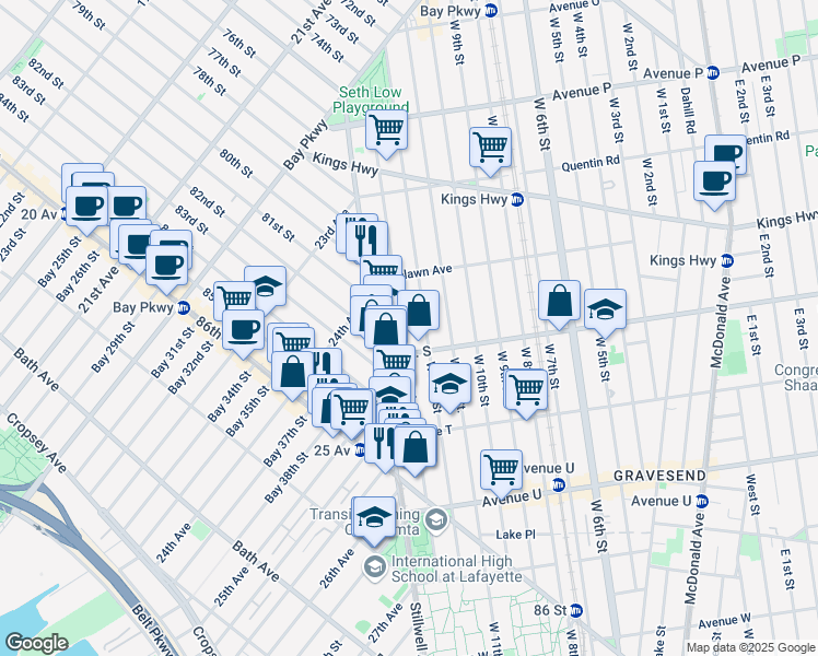 map of restaurants, bars, coffee shops, grocery stores, and more near 37 Avenue S in Brooklyn