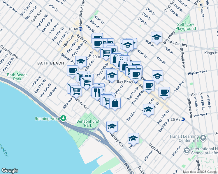 map of restaurants, bars, coffee shops, grocery stores, and more near 120 Bay 28th Street in Brooklyn