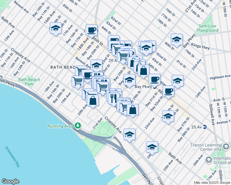 map of restaurants, bars, coffee shops, grocery stores, and more near 2061 Bath Avenue in Brooklyn
