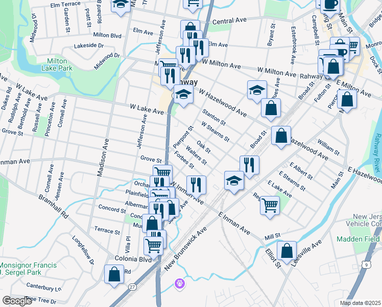 map of restaurants, bars, coffee shops, grocery stores, and more near 173 Forbes Street in Rahway