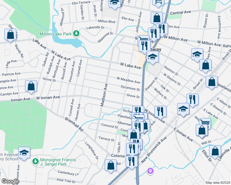map of restaurants, bars, coffee shops, grocery stores, and more near 407 West Inman Avenue in Rahway