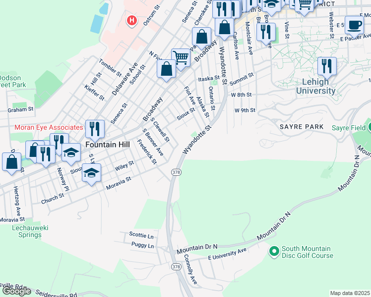 map of restaurants, bars, coffee shops, grocery stores, and more near 1021 Wyandotte Street in Bethlehem