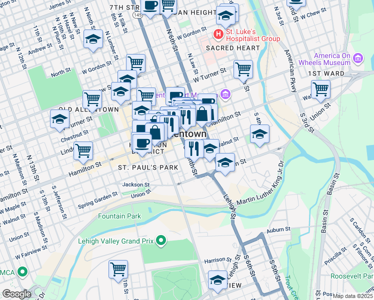 map of restaurants, bars, coffee shops, grocery stores, and more near 106 South 7th Street in Allentown