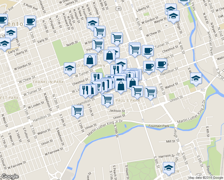 map of restaurants, bars, coffee shops, grocery stores, and more near 948 Hamilton Street in Allentown