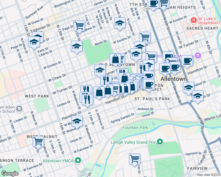 map of restaurants, bars, coffee shops, grocery stores, and more near 19 11th Street in Allentown