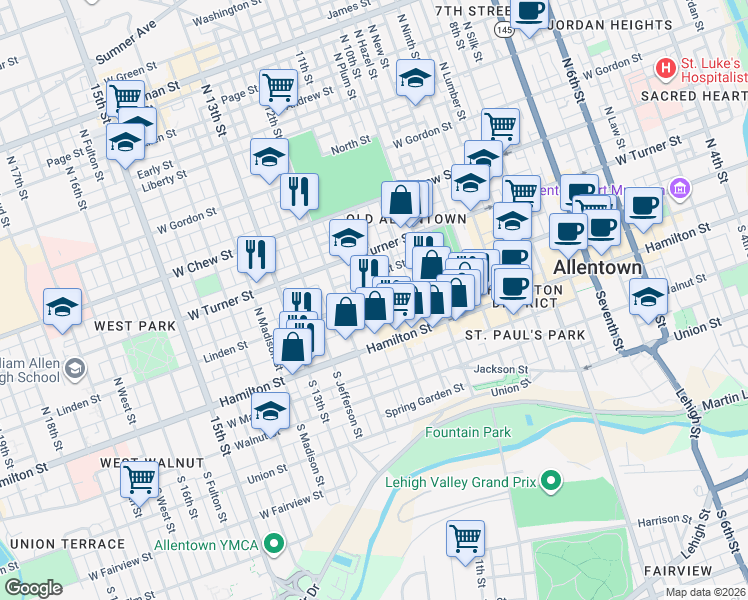 map of restaurants, bars, coffee shops, grocery stores, and more near 1139 West Court Street in Allentown